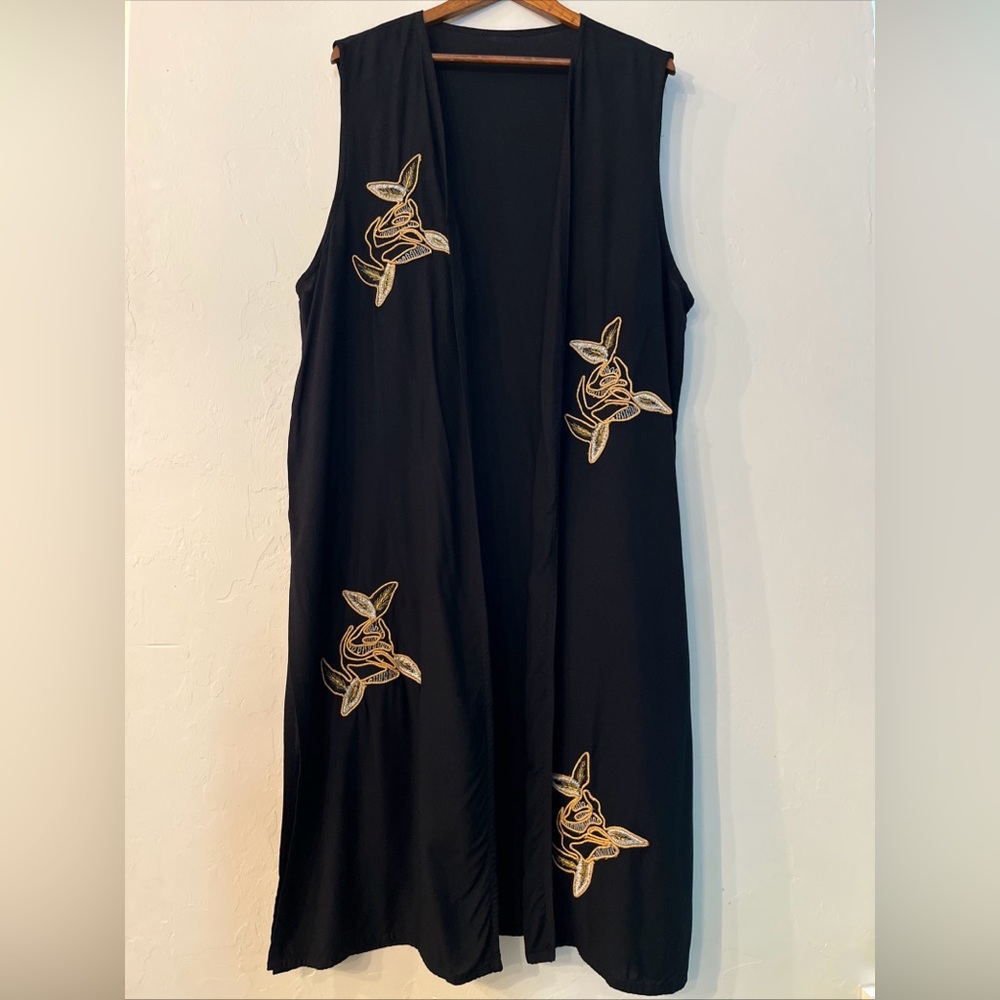 Women’s Black Longline Sleeveless Open Front Vest Kimono Swim Cover-Up Size XXL